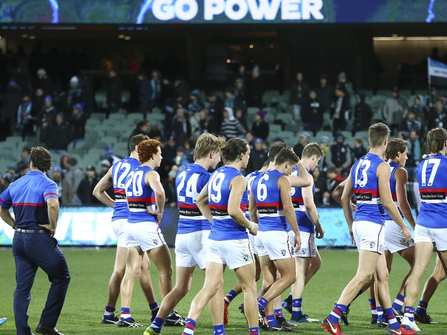 14/06/18 - AFL - Port Adelaide v Western Bulldogs at The Adelaide Oval. The Western Bulldogs leave the oval after the loss.  Picture SARAH REED