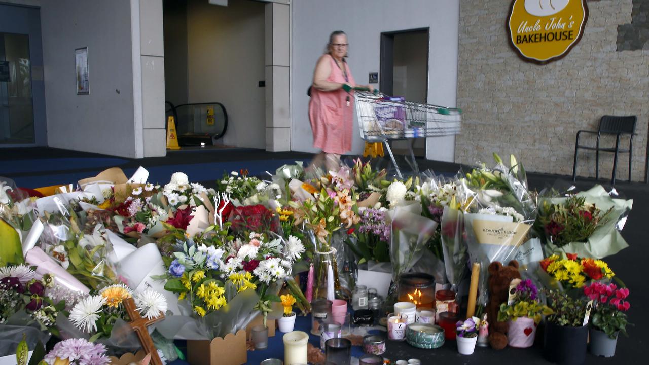 A floral tribute to Vyleen White, 70, of Redbank Plains, who was stabbed in the chest in the car park at Town Square Redbank Plains Shopping Centre. Picture: NCA NewsWire/Tertius Pickard