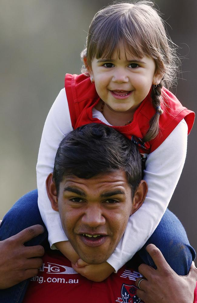 Melbourne defender Neville Jetta &amp; daughter Nalani 3 Picture: Wayne Ludbey