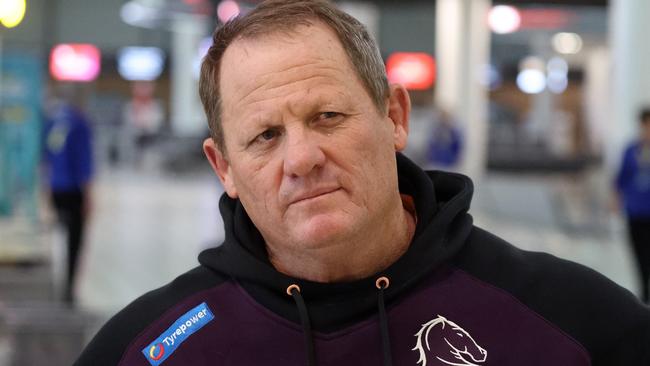 Coach Kevin Walters, Brisbane Broncos return home to Brisbane Airport after losing to the NZ Warriors. Picture: Liam Kidston