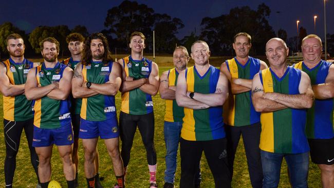 New and old Golden Grove Football Club players ahead of the Kookaburras’ 25th anniversary celebrations in round seven. Picture: Brenton Edwards