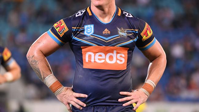 Jarrod Wallace of the Titans looks on during the Round 14 NRL match between the Gold Coast Titans and the New Zealand Warriors at CBus Super Stadium on the Gold Coast, Friday, June 14, 2019. (AAP Image/Dave Hunt) NO ARCHIVING, EDITORIAL USE ONLY