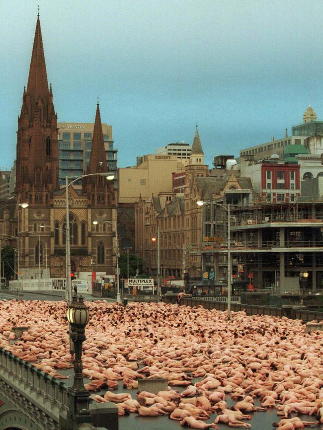 Naked men and women posing for artist photographer Spencer Tunick in Melbourne in October 2001.