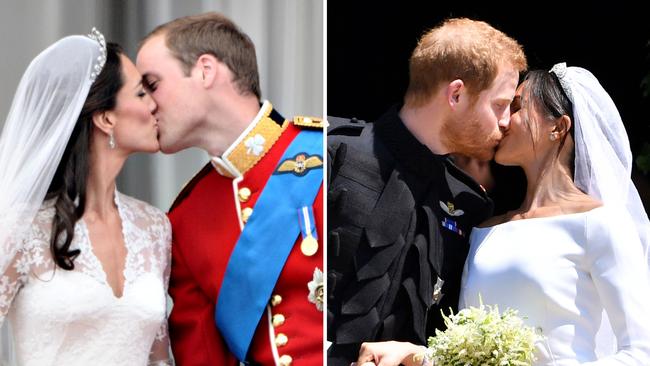 Two royal weddings: William and Kate (left) in 2011 and Harry and Meghan (right) in 2018. Picture: AFP