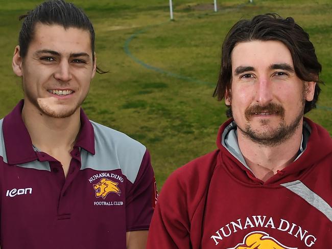 (L-R) Nunawading Football club members Paul Beven, Cooper Winter, Ryan Dobson, Jordan winter and Luke Bogdan pose for a photograph at the club's Oval in Nunawading, Melbourne, Tuesday, August 21, 2018. Struggling football clubs Nunawading and Ardmona (Goulburn Valley) will play a one-off game on September 2. (AAP Image/James Ross) NO ARCHIVING