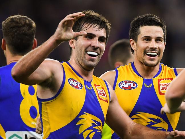 PERTH, AUSTRALIA - JUNE 13: Andrew Gaff and Liam Duggan of the Eagles celebrate the win on the final siren during the 2021 AFL Round 13 match between the West Coast Eagles and the Richmond Tigers at Optus Stadium on June 13, 2021 in Perth, Australia. (Photo by Daniel Carson/AFL Photos via Getty Images)