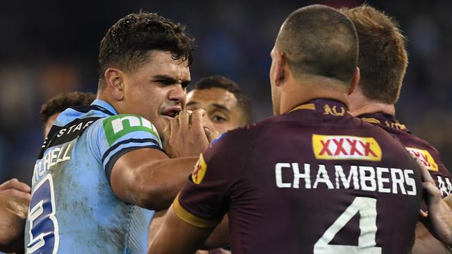 Latrell Mitchell (L) and Will Chambers (R) have a heated history on the field. Picture: AAP