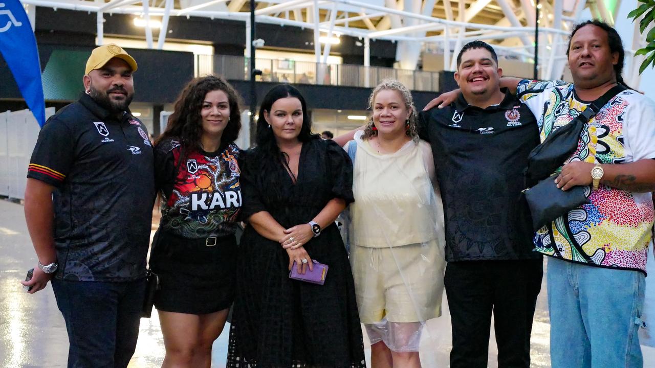 Jamal Leo, Tia Henaway, Kelly Piper, Rebecca Henaway, Manny Reed and Aaron Anderson head into Queensland Country Bank Stadium for the NRL All Stars on Friday night. Picture: Blair Jackson