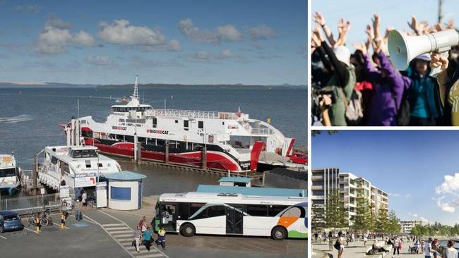 The ferry terminal at Toondah Harbour today; protesters concerned about the environmental prospects; and an artist’s impression of units and a boardwalk at the Cleveland terminal.