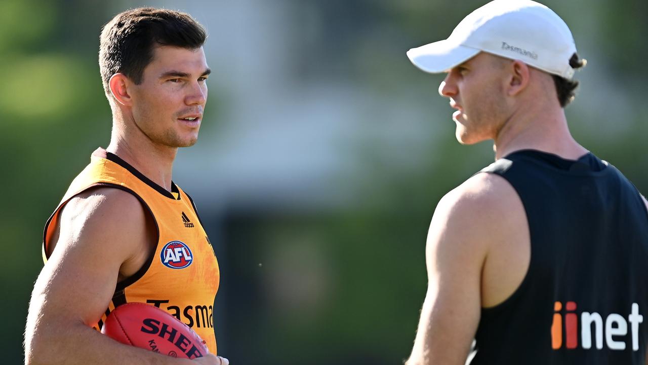 Former Hawthorn duo Jaeger O'Meara and Tom Mitchell. Picture: Quinn Rooney