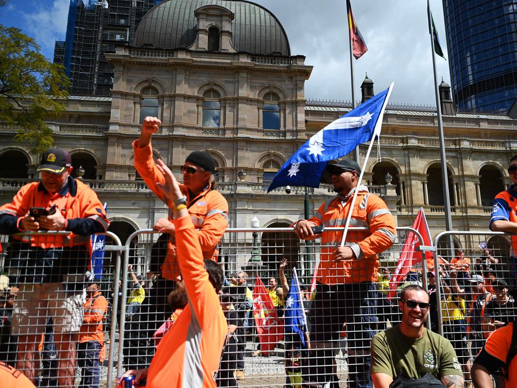 Members of the CFMEU protest outside Parliament house in Brisbane. Picture: Dan Peled / NCA NewsWire