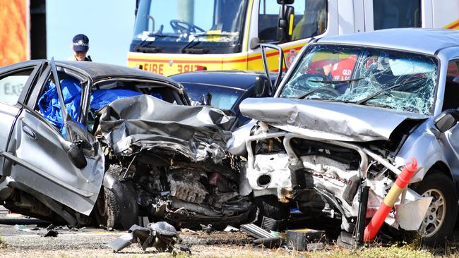 Emergency services attend a 3 person fatal crash involving four vehicles south of Townsville. Picture: Alix Sweeney