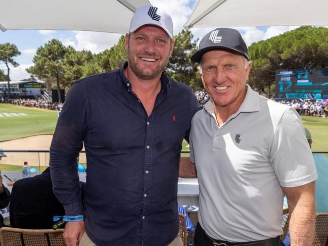 February 15, 2025: Deputy Leader of the Victorian Liberal Party Sam Groth with Greg Norman at Liv Golf Adelaide. Picture: Kelly Barnes