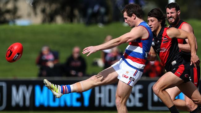 Trent Goodrem kicks the Bulldogs forward. Picture: Dean Martin