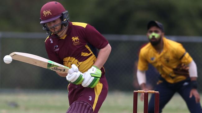 Premier: Fitzroy Doncaster batsman Liam Banthorpe defends. Picture: Stuart Milligan