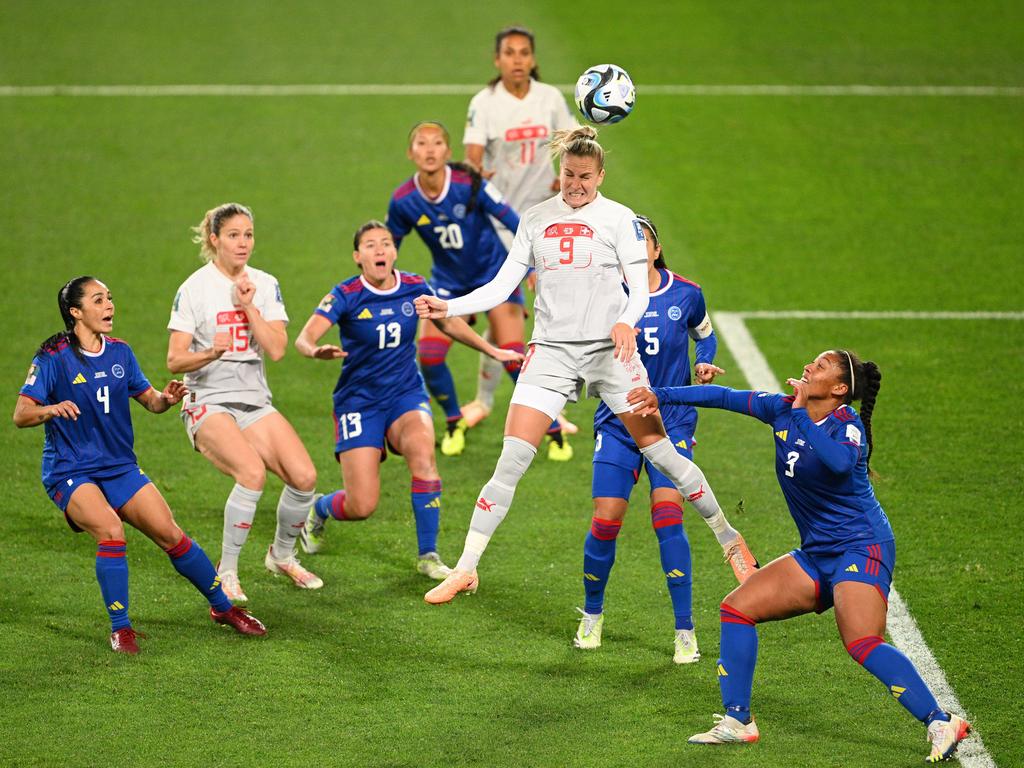 A strong header from Ana-Maria Crnogorcevic of Switzerland against the Philippines in Dunedin. Picture: Joe Allison/Getty Image