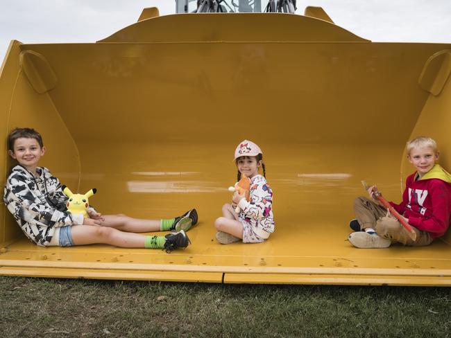 Cousins (from left) Caden Humphreys, Alexis Humphreys and William Harrison at the Toowoomba Royal Show, Saturday, April 1, 2023. Picture: Kevin Farmer