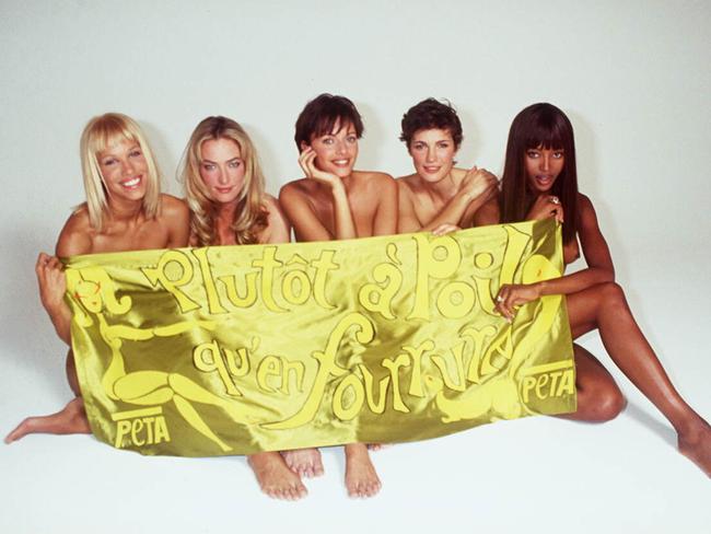 Fabienne Terwinghe, Tatjana Patitz, Naomi Campbell, Heather White and Emma Sjoberg - Shooting "Plutot A Poil Qu'En Fourrure" (rather nakend than wearing fur). (Photo by Bertrand Rindoff Petroff/Getty Images)