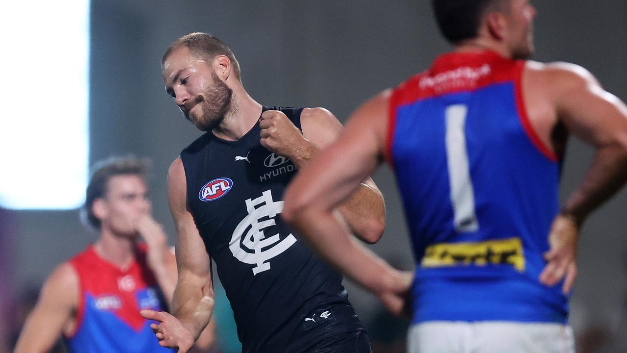 Harry McKay reacts after missing a shot on goal against the Demons. Picture: Daniel Pockett/Getty Images