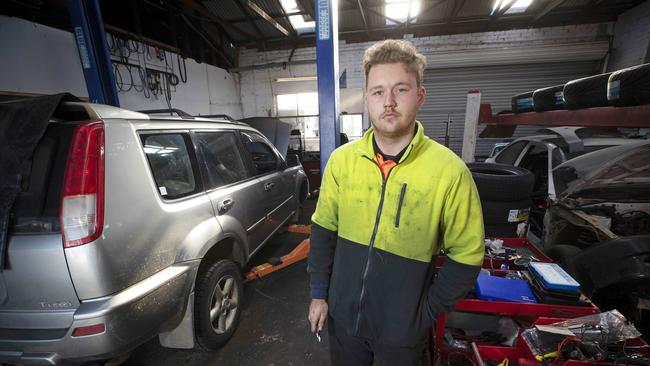 Tasman Highway will be closed from Friday for around a month making it difficult to access the towns of Triabunna and Orford, J & N Car Care mechanic Zachery McEwan who lives at Midway Point and travels to Triabunna for work. Picture: Chris Kidd