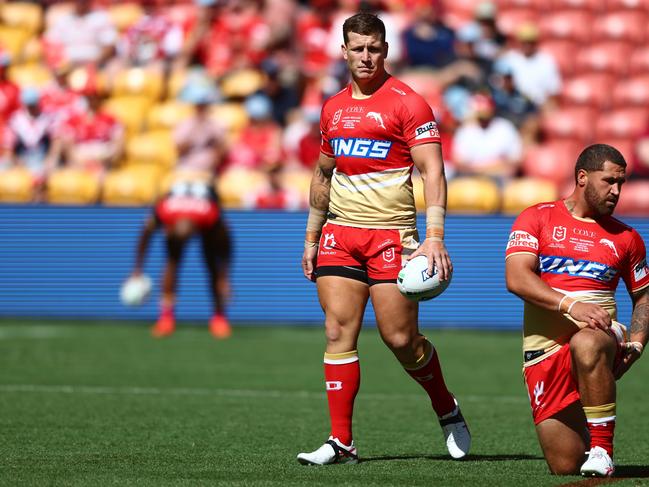 BRISBANE, AUSTRALIA - MARCH 05: Jarrod Wallace of the Dolphins warms up ahead of the round one NRL match between the Dolphins and Sydney Roosters at Suncorp Stadium on March 05, 2023 in Brisbane, Australia. (Photo by Chris Hyde/Getty Images)