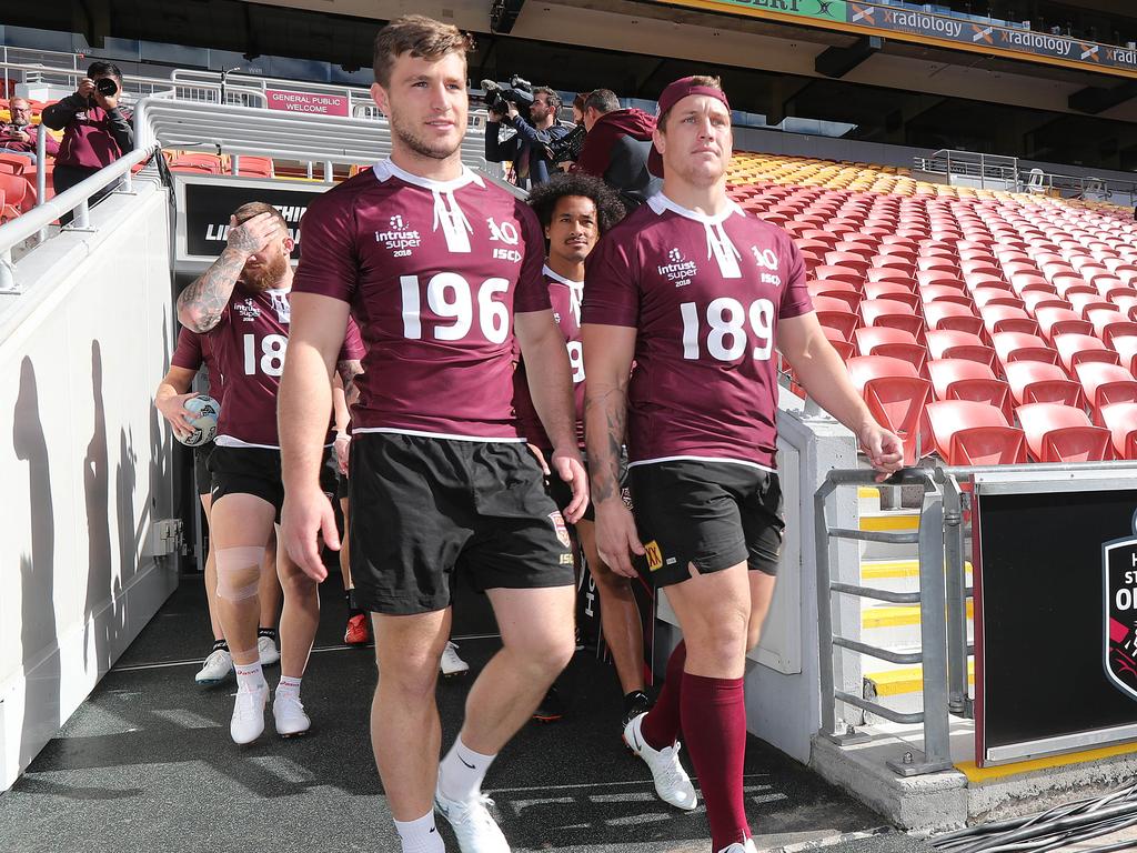 Jai Arrow and Jarrod Wallace. The Queensland Maroons at Suncorp Stadium for the captains run ahead of tomorrows game with New South Wales. Pic Peter Wallis