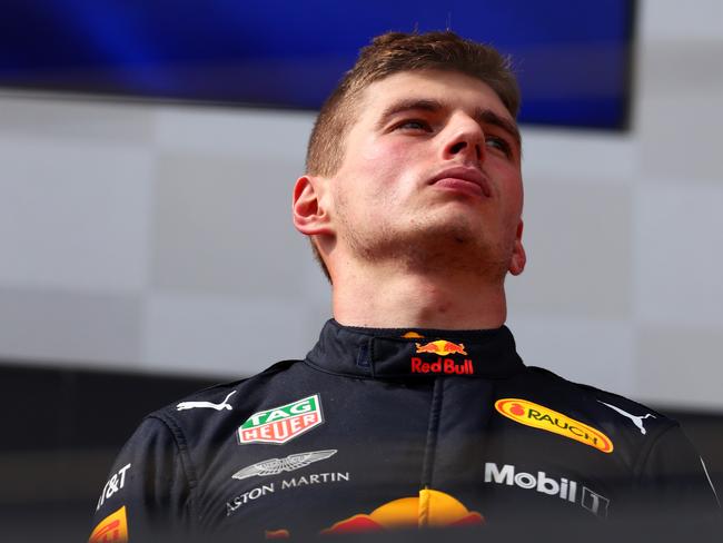 Second place finisher Max Verstappen of Netherlands and Red Bull Racing celebrates on the podium