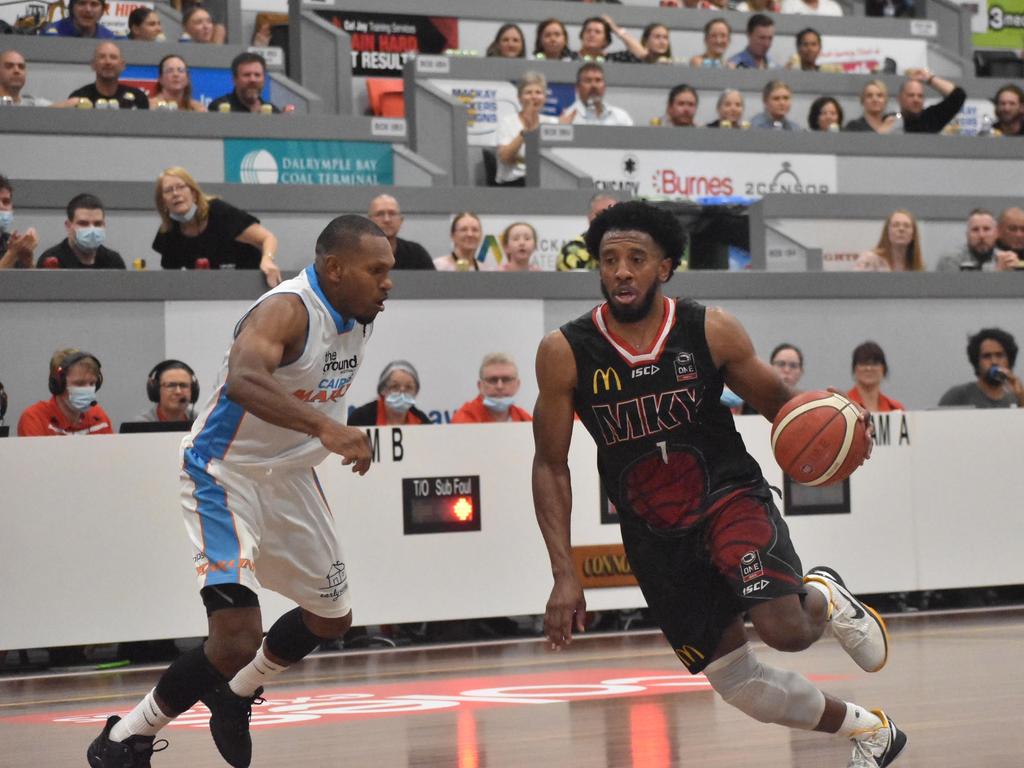Jerron Jamerson for the Mackay Meteors in the NBL1 North grand final game one against Cairns Marlins, 10 September 2021. Picture: Matthew Forrest