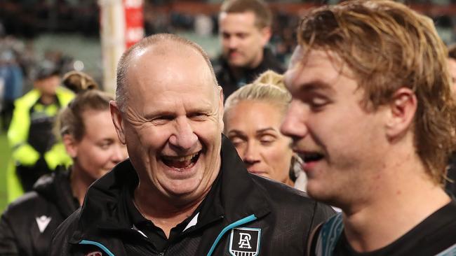 ADELAIDE, AUSTRALIA - MAY 19: Ken Hinkley, Senior Coach of the Power all smiles with Jason Horne-Francis after the win during the 2023 AFL Round 10 match between Yartapuulti/Port Adelaide Power and Narrm/Melbourne Demons at Adelaide Oval on May 19, 2023 in Adelaide, Australia. (Photo by Sarah Reed/AFL Photos via Getty Images)