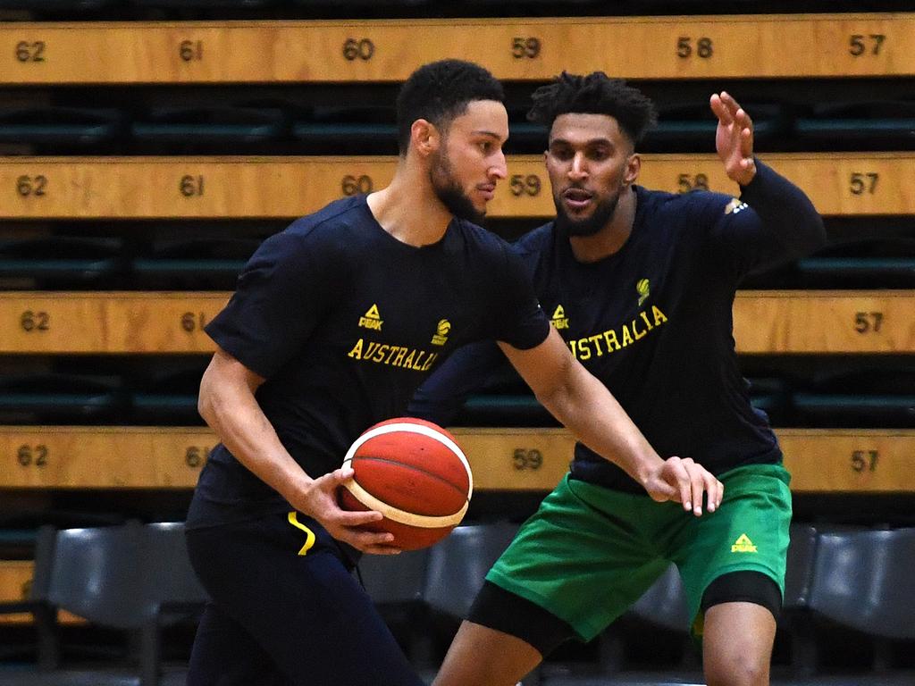 Ben Simmons drives past Jonah Bolden during a Boomers training session in 2019. Picture: AAP