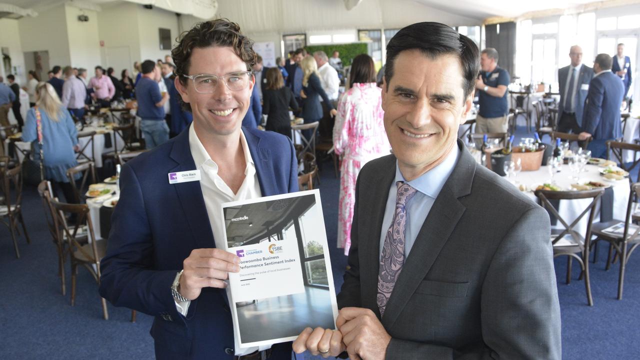 Revealing the launch of the Toowoomba Business Sentiment Index report at Clifford Park are (from left) Chamber of Commerce vice-president Chris Black and leading demographer and social commentator Mark McCrindle.