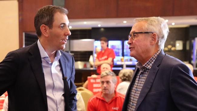 Jim Chalmers chats to former treasurer Wayne Swan during the Labor Party campaign launch for the seat of Rankin in Queensland in April. Picture: Tim Hunter