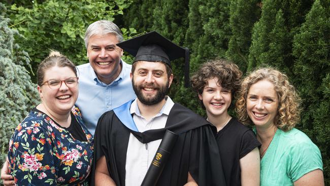 Bachelor of Science graduate Ethan Chick with family (from left) Caitlin, David, Tahnee and Lucy Chick at a UniSQ graduation ceremony at The Empire, Wednesday, October 30, 2024. Picture: Kevin Farmer