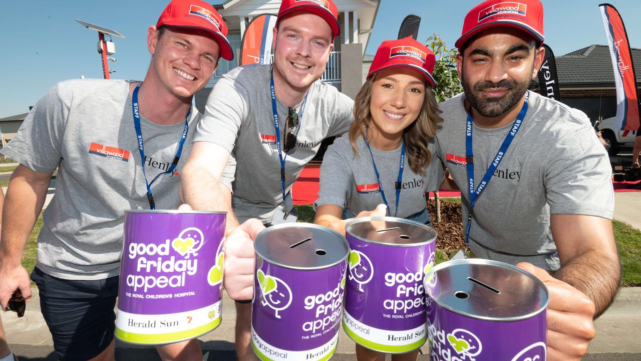 Tin rattlers James Beresford, Alexander Charles, Monique Trajkov and Wasim Kalam raise money for the Good Friday Appeal in support of the Royal Children’s Hospital in 2021. Picture: Tony Gough