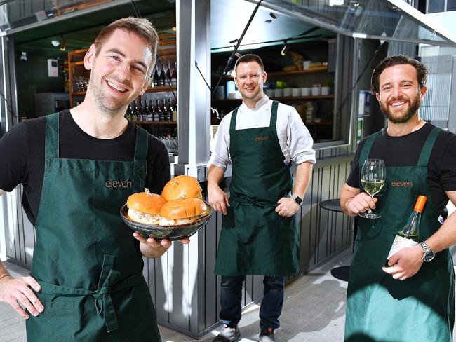 Callum Hann owner of ELEVEN Restaurant and bar  in the former Lobby on Waymouth with  chef Daniel Murphy and business partner Themis Chryssidis get ready for their opening tomorrow.Wednesday December 9,2020. Picture Mark Brake