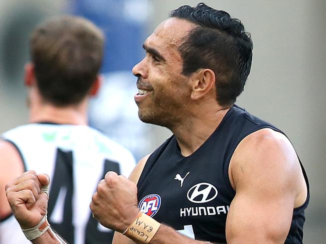 BRISBANE, AUSTRALIA - AUGUST 30: Eddie Betts of the Blues celebrates a goal during the round 14 AFL match between the Carlton Blues and the Collingwood Magpies at The Gabba on August 30, 2020 in Brisbane, Australia. (Photo by Jono Searle/AFL Photos/via Getty Images)