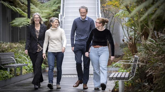 The University of Tasmania has been ranked second overall in the Times Higher Education Impact Ranking and number one for climate action. Celebrating are Dr Chloe Lucas, Dr Emily Flies, UTAS vice chancellor Rufus Black and UTAS student Isobell McKenzie. Picture: Chris Kidd