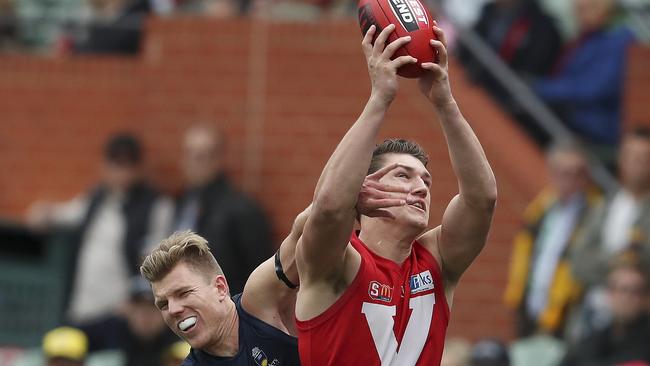 Jordon Sweet reels in a mark during SANFL finals last year, before he was drafted to Western Bulldogs. Picture: Sarah Reed.