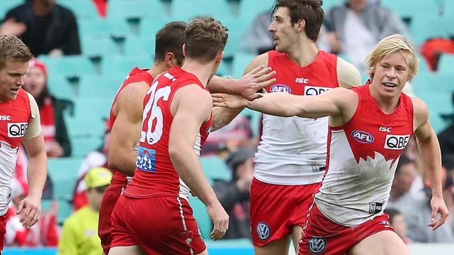 Isaac Heeney celebrates scoring a goal. (AAP Image/David Moir)