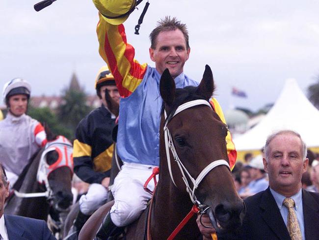 Larry Cassidy on Sunline after winning the 1999 Doncaster Handicap. Picture: Phil Hillyard