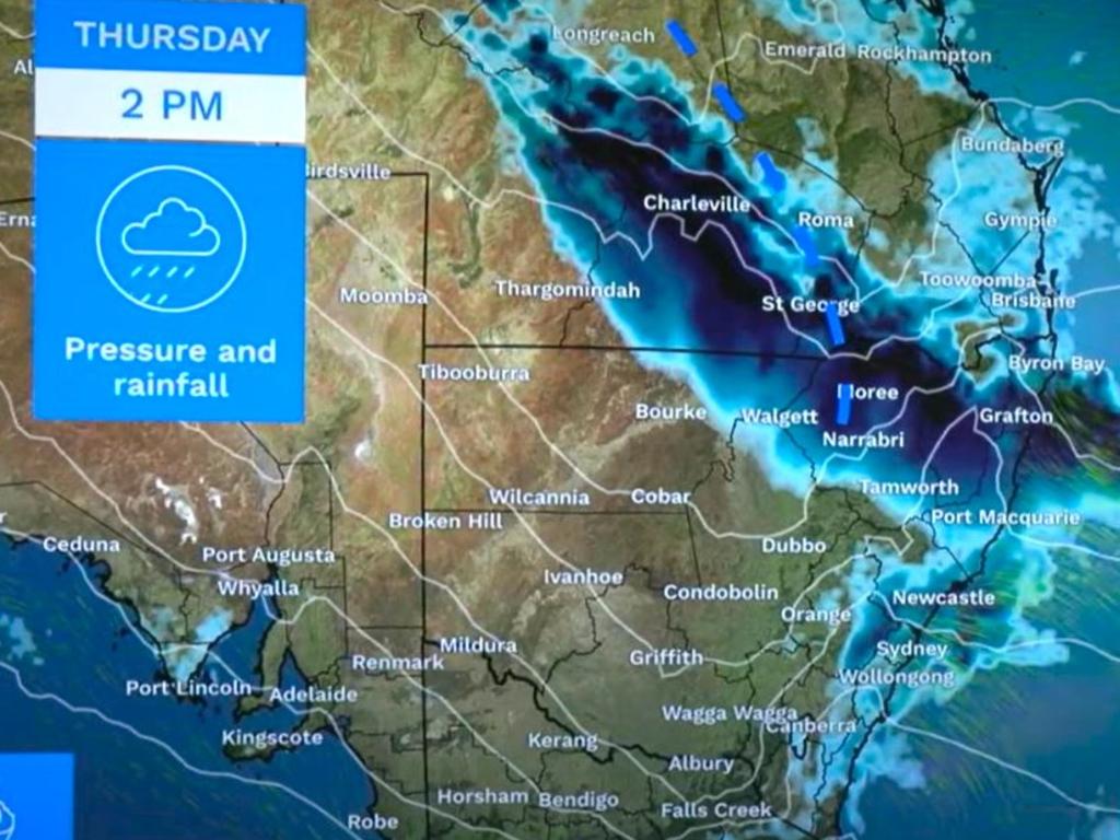 On Thursday, rain will start to fall particularly in northern n NSW and southern Queensland. Pic: BOM.