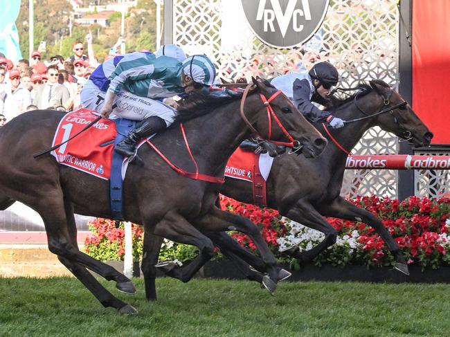 Romantic Warrior (IRE) ridden by James McDonald wins the Ladbrokes Cox Plate at Moonee Valley Racecourse on October 28, 2023 in Moonee Ponds, Australia. (Photo by Reg Ryan/Racing Photos via Getty Images)