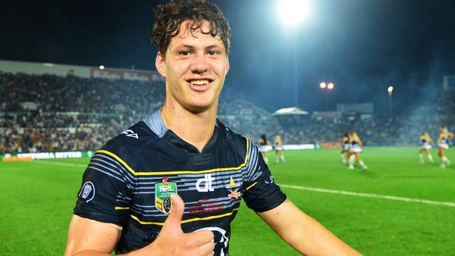 Kalyn Ponga gives the thumbs up after the Cowboys’ win over the Broncos.