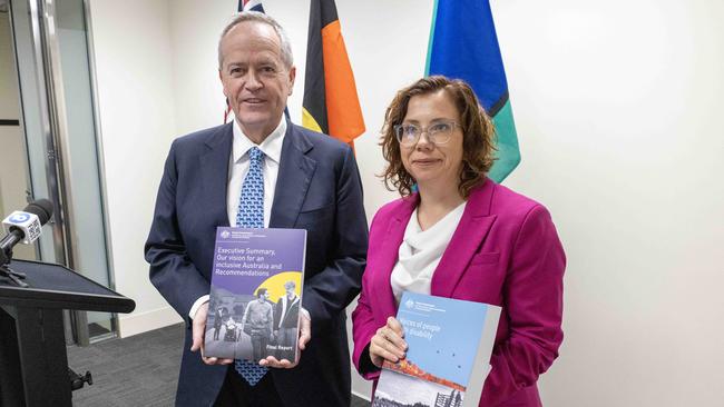 NDIS Minister Bill Shorten and Social Services Minister Amanda Rishworth with the final report by the Royal Commission into Violence, Abuse, Neglect and Exploitation of People with Disability. Picture: Kelly Barnes / NCA NewsWire