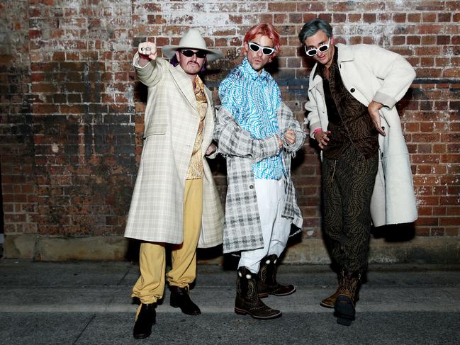 From left to right: Dom littrich, Matt Ford and Jack Steele from The Inspired Unemployed during the 2021 Afterpay Australian Fashion Week. (Photo by Don Arnold/WireImage)