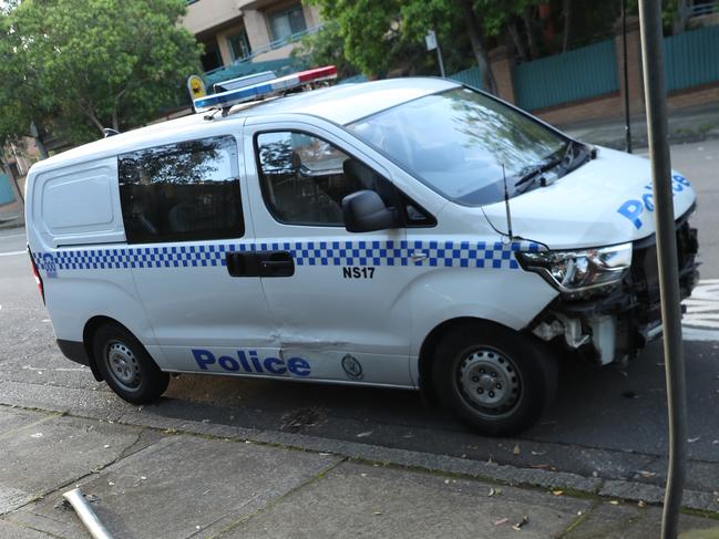 A police van damaged during the October 30 pursuit. Picture: John Grainger