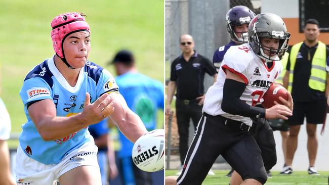 Jye Camilleri is a cross code talent. On the left he is pictured playing rugby league for the Norths Devils and on the right gridiron for the Rhinos.