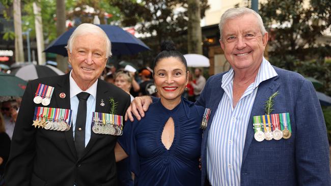 Ray Lastelle Michele Dunbar and Dale Tompkins at the Surfers Paradise RSL Anzac Day noon service 2025 at Cavill Park for Gold Coast at Large. Picture, Portia Large.