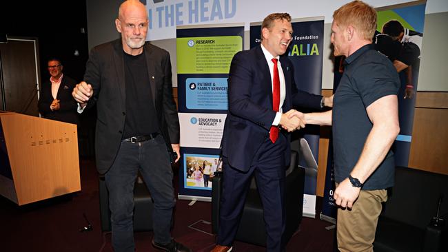 Peter FitzSimons, Christopher Nowinski and St George great James Graham at the launch of the Australian arm of the Concussion Legacy Foundation. Picture: Adam Yip