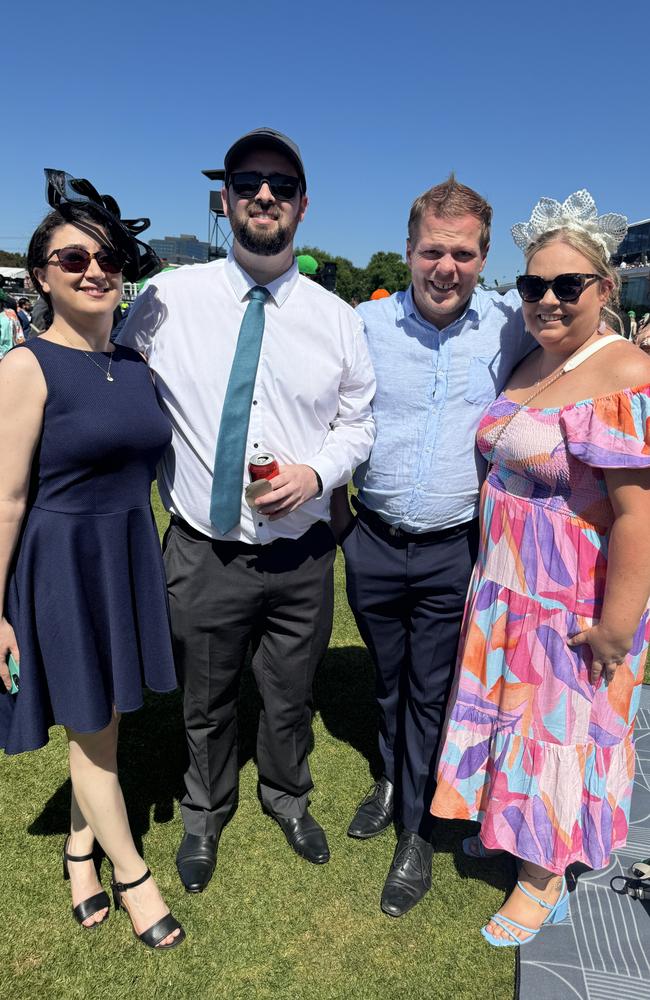 Azzi Sadri, Callan Gleeson, Jackson Bellingham and Lauryn Dunne at the Melbourne Cup at Flemington Racecourse on November 5, 2024. Picture: Phillippa Butt